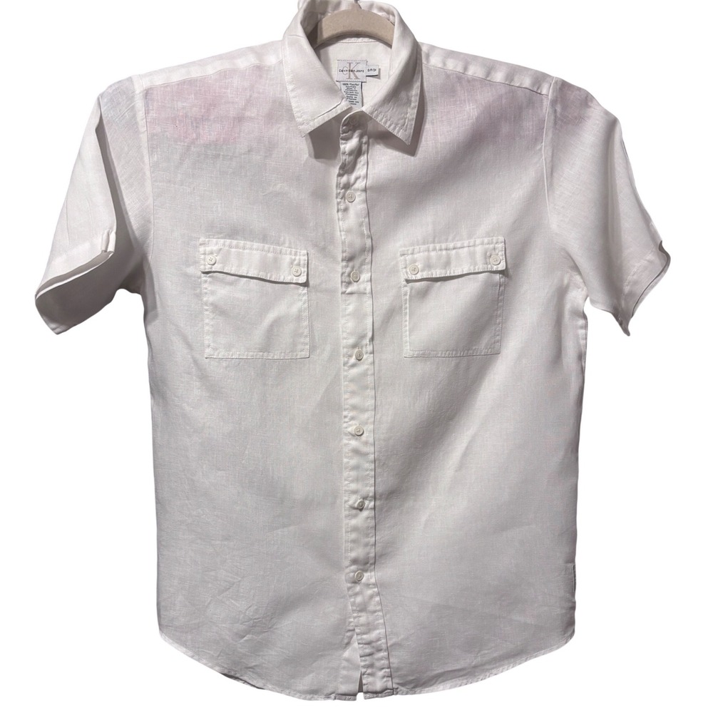 Vintage Calvin Klein Jeans Button Down Mens Small White Linen Short Sleeve Shirt